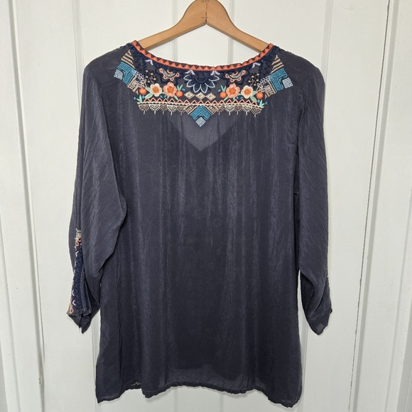 Johnny Was Grey Embroidered Tunic Blouse Sheer Gypsy Bohemian Hippie Size L - Picture 10 of 14